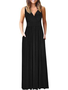 Women's Black Summer Dress Sleeveless Long Dress Loose Swing Maxi with Pockets